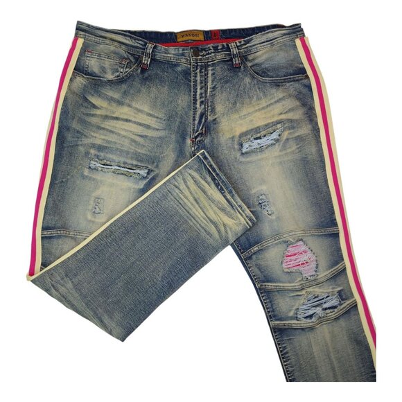Mens Makobi Distressed Jeans With Red & Yellow Side Stripes Size 44X34 98% Cotto - Picture 1 of 13